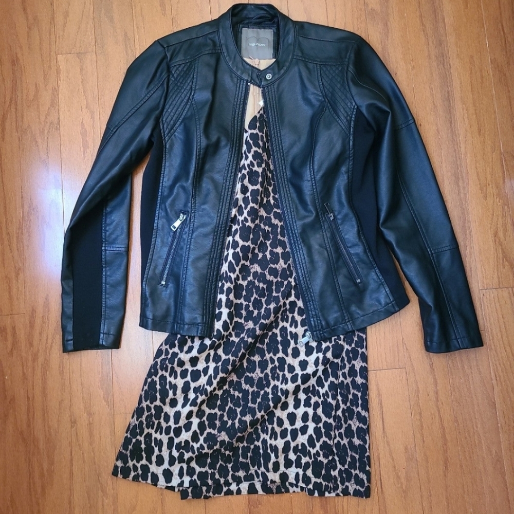 Maurices faux leather moto jacket and leopard dress